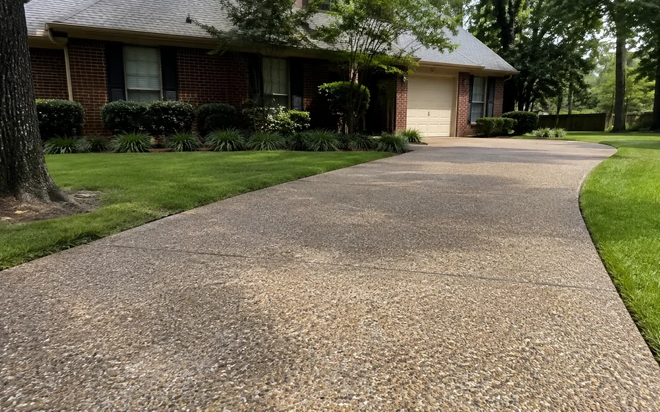 Exposed aggregate concrete driveway leading to a brick home