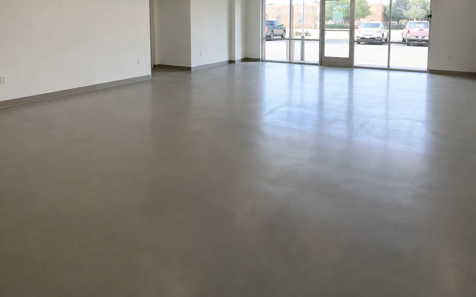 Empty commercial interior with a smooth gray floor and broad windows