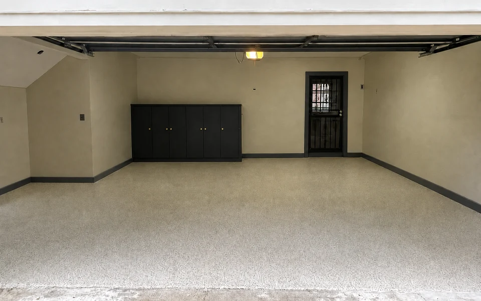 Completed garage with light textured flooring, beige walls, and dark cabinets