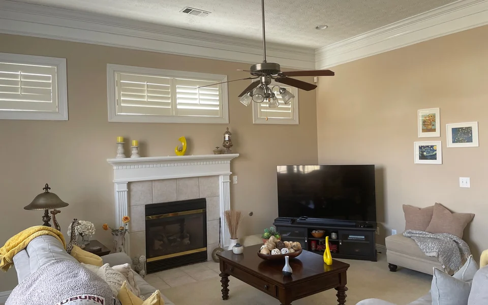 Living room with beige walls, white trim, a fireplace, and dark furniture