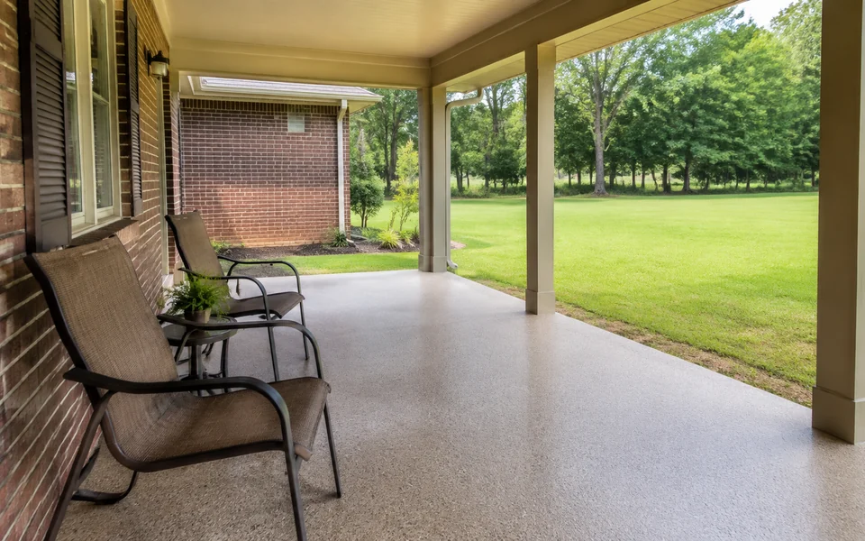 Covered brick porch with a light speckled floor and two chairs