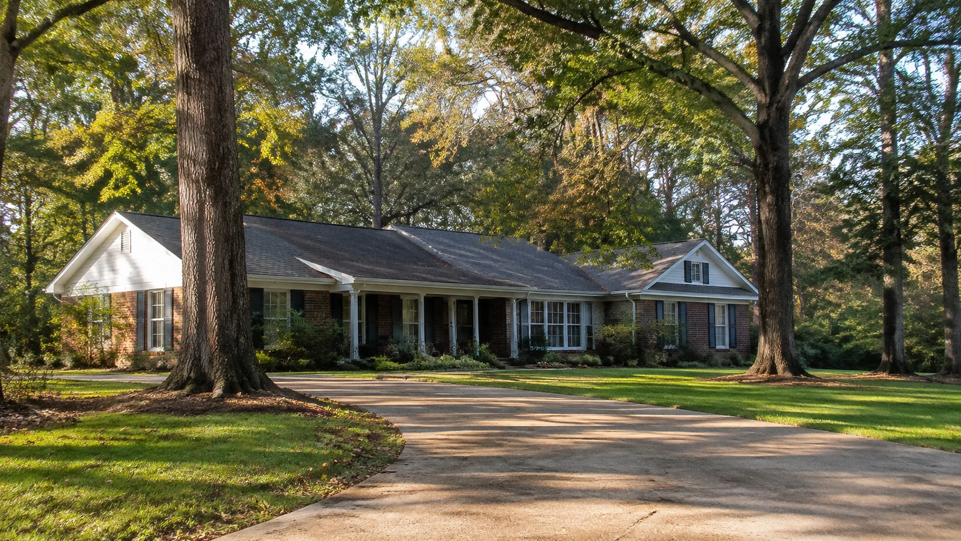 Illustrative brick home with a driveway and lawn