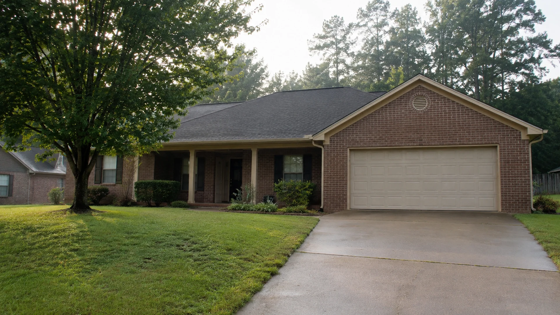 Illustrative brick home with a driveway and lawn